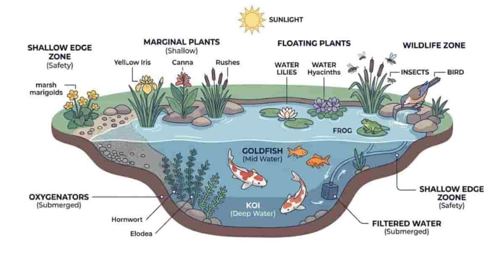 Pond ecosystem diagram showing plants, koi fish, goldfish, and wildlife for DIY pond construction and backyard pond setup.