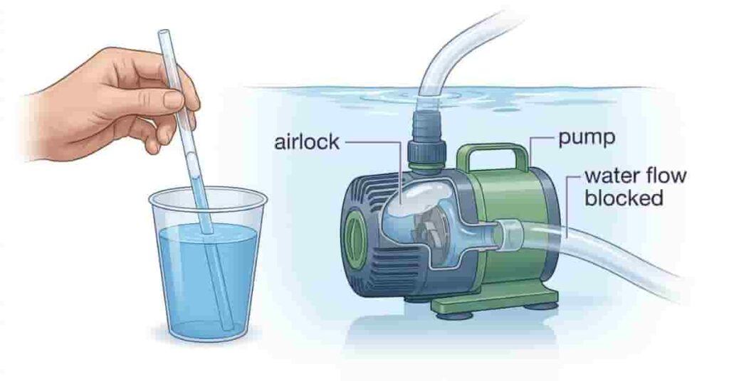Illustration of an airlock in a pond pump showing trapped air blocking water flow with straw analogy for beginners