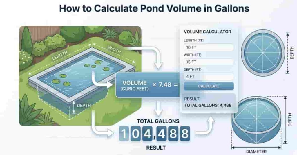 Step-by-step pond volume calculation in gallons using cubic feet formula for rectangular and circular ponds