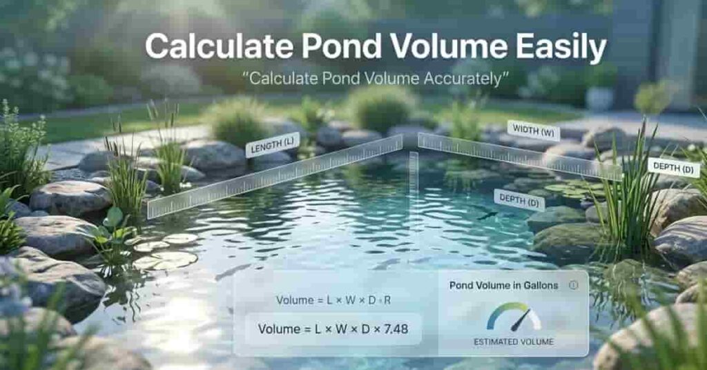 Modern backyard pond with volume calculation overlay showing measurement lines and pond volume formula for calculating gallons