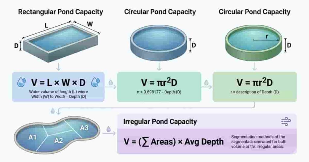 Infographic showing pond capacity formulas for rectangular, circular, and irregular ponds