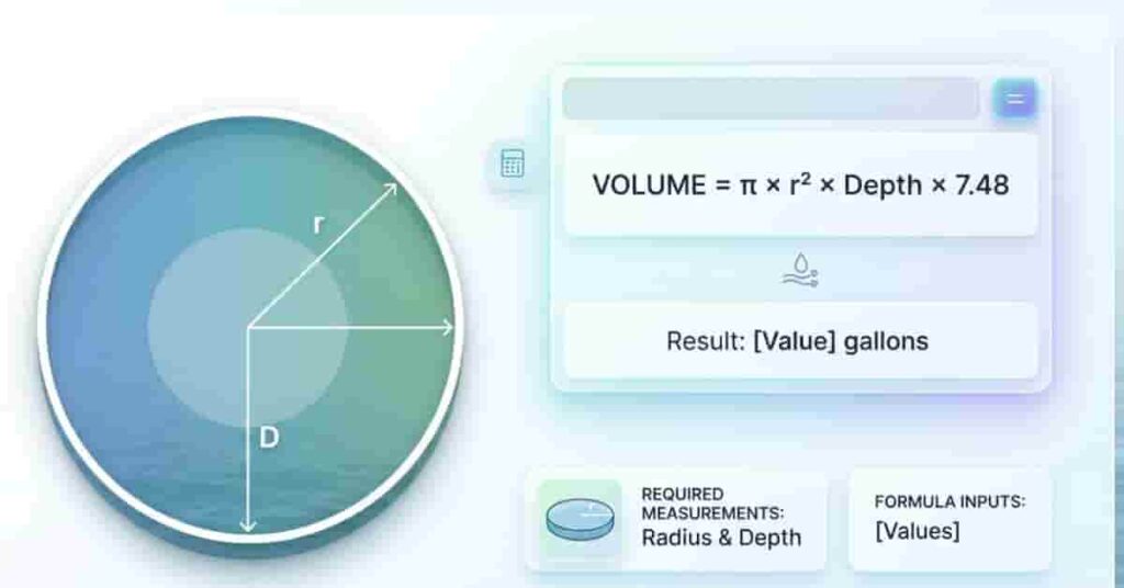 Circular pond volume calculation diagram with radius and depth markers and formula visualization for gallons