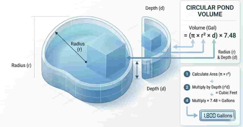 Circular pond diagram showing radius-based formula for calculating pond volume and gallons
