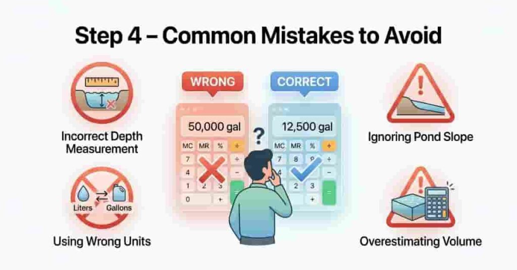 Infographic showing common mistakes to avoid when calculating pond volume such as wrong depth and unit errors