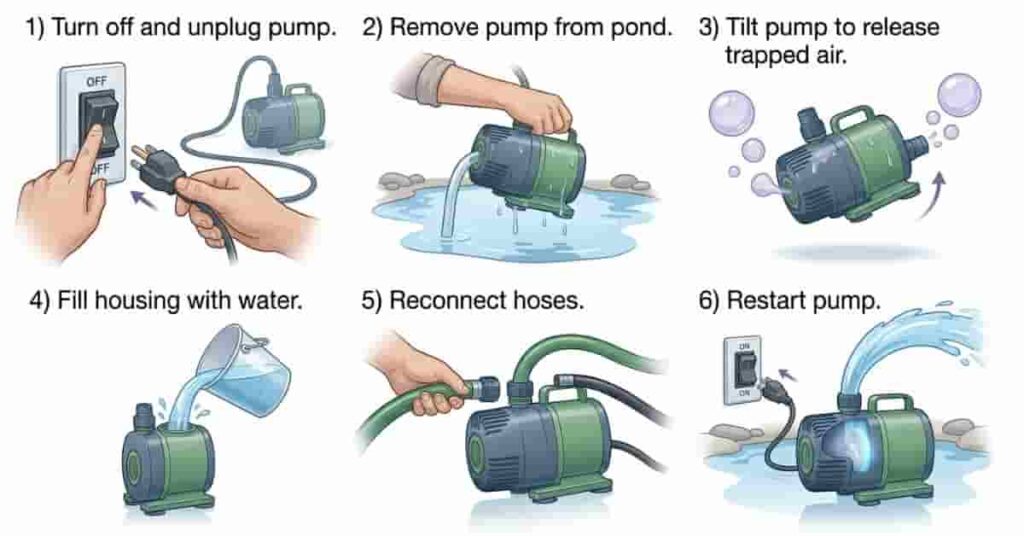 Step-by-step infographic showing how to fix an airlock in a pond pump for beginners