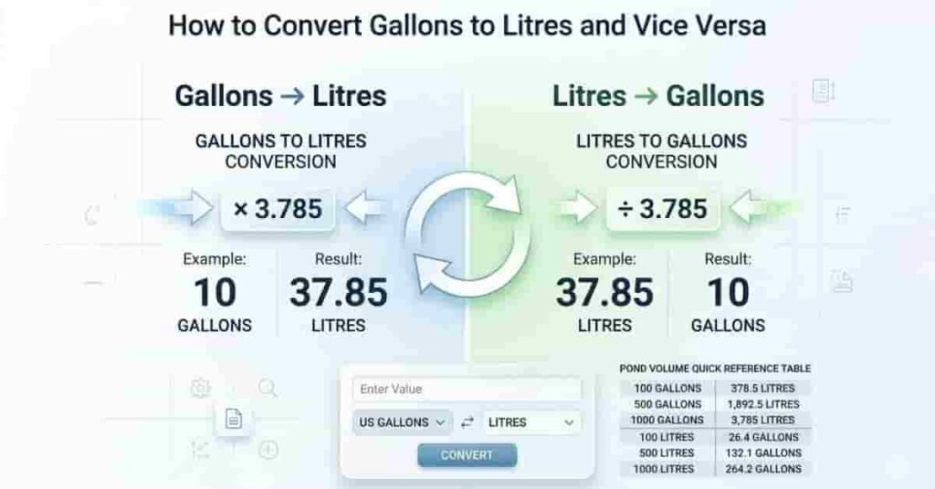 Gallons to litres and litres to gallons conversion chart with formulas and example values