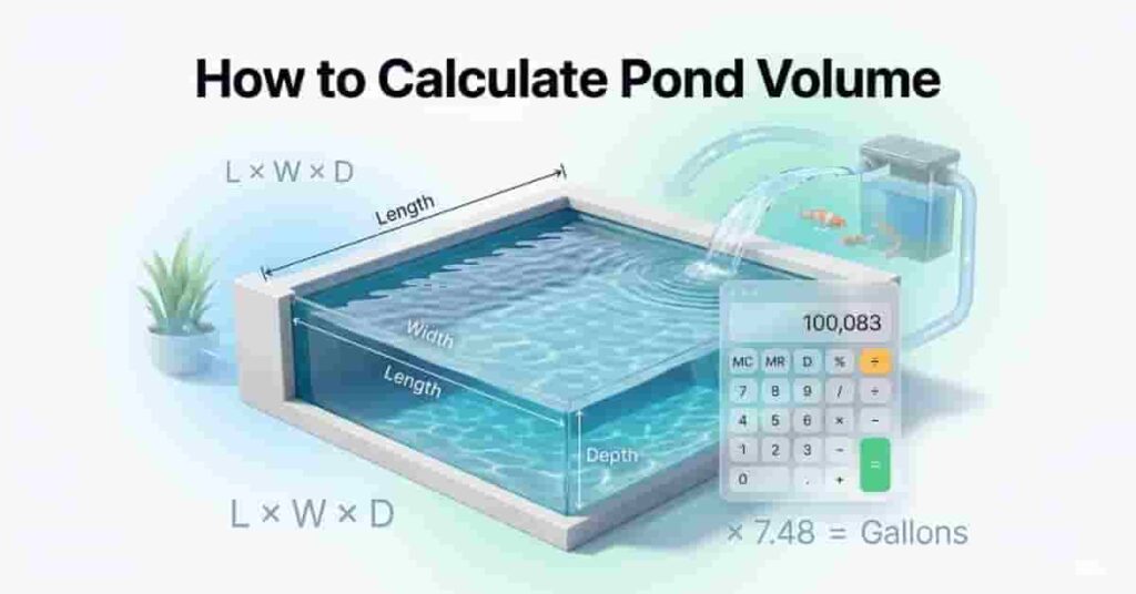 Professional pond volume calculation concept showing backyard pond with measurement overlay and calculator for gallons estimation