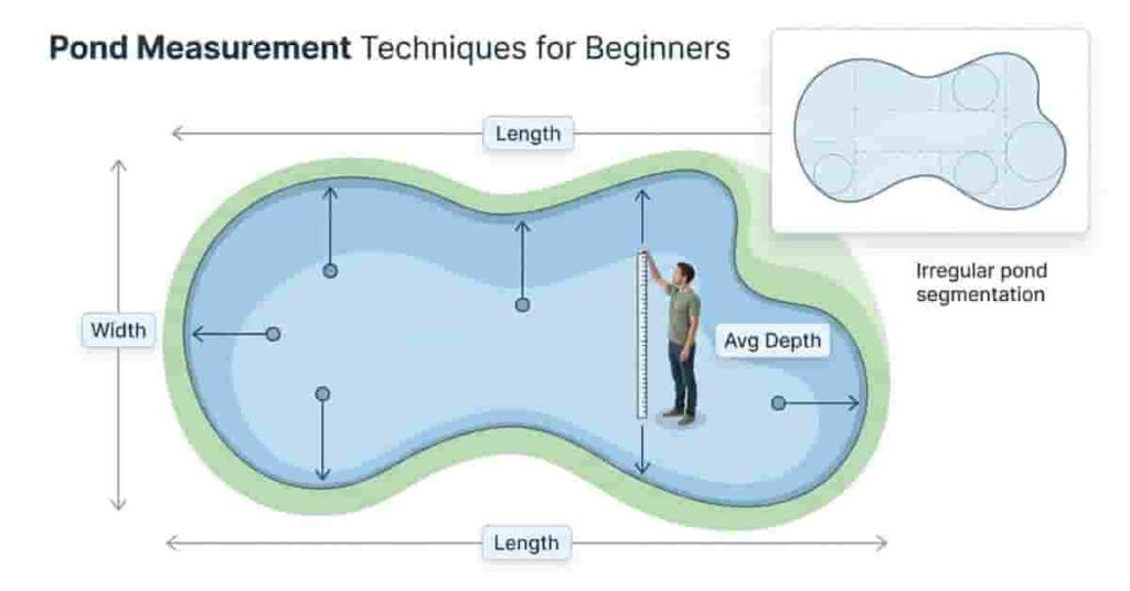 Pond measurement diagram showing length, width, and depth points for calculating pond capacity accurately
