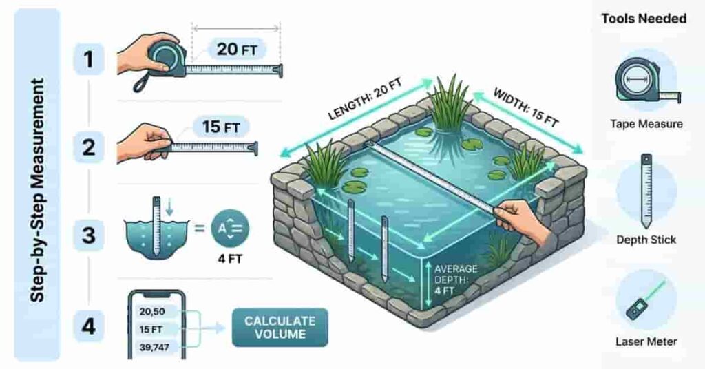 Step-by-step pond measurement guide showing length, width, and depth for accurate water volume calculation