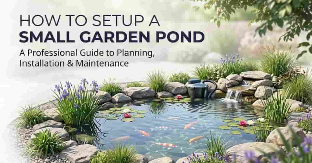 Small backyard garden pond with pump, filter, and aquatic plants