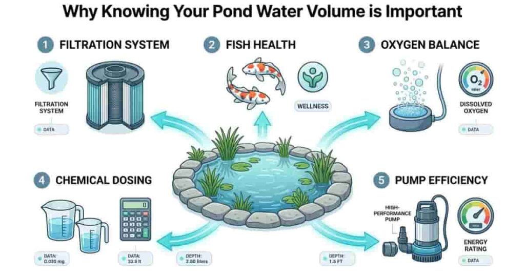 Importance of pond water volume for filtration, fish health, oxygen balance, and pump efficiency