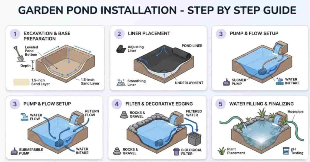 Step-by-step backyard garden pond installation including excavation, liner, pump, filter, rocks, and water filling