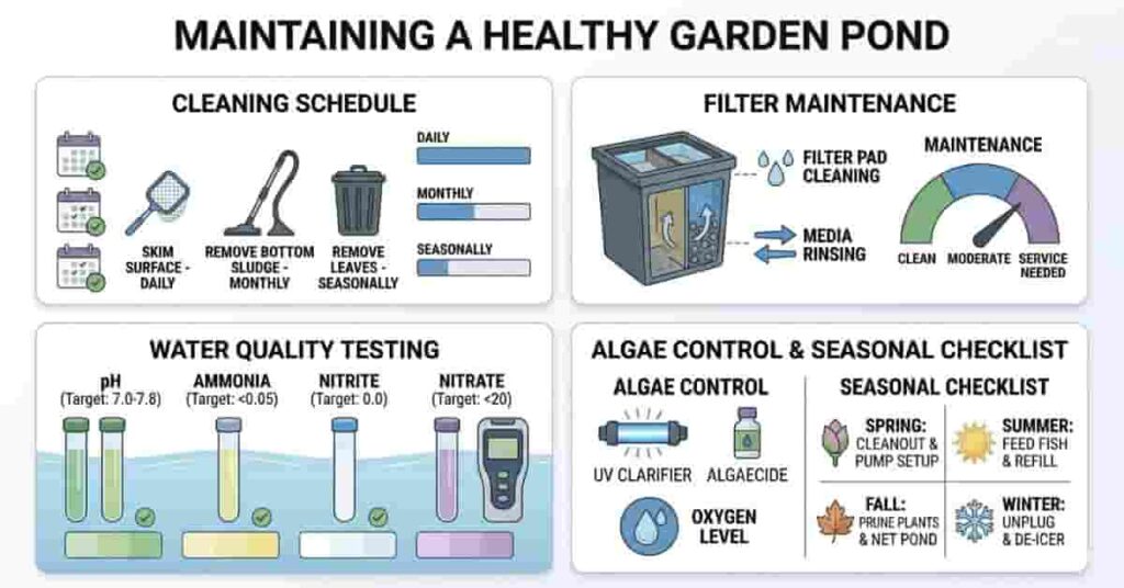 Garden pond maintenance infographic showing cleaning, filter care, water testing, algae control, and seasonal checklist