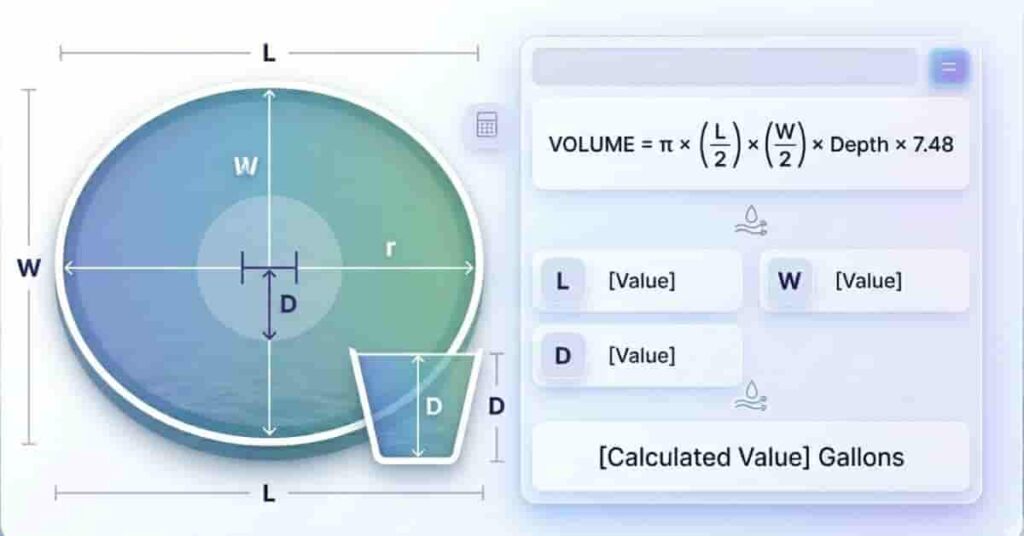 Oval pond volume calculation diagram with length width and depth markers and formula for gallon estimation
