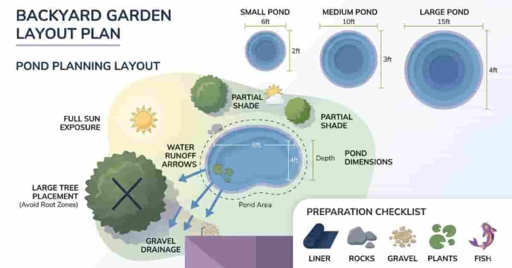 Planning a backyard garden pond layout with sunlight, tree, and pond size considerations for small, medium, and large ponds