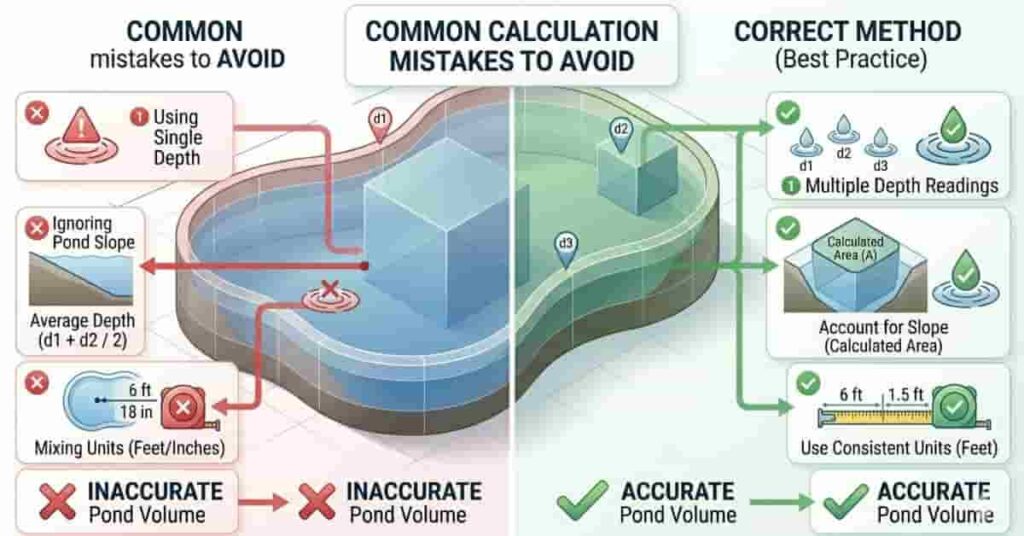 Infographic showing common mistakes in pond volume calculation and correct measurement methods