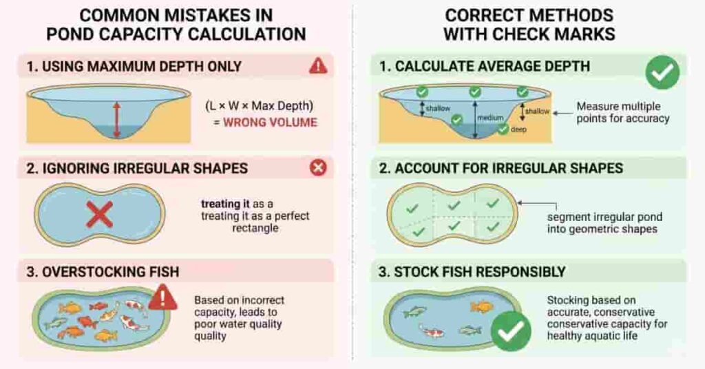 Infographic showing common mistakes and correct methods for estimating pond capacity