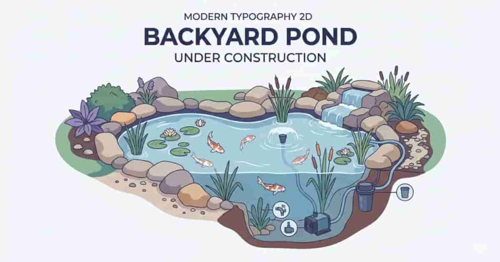 Professional backyard pond DIY construction featuring koi fish, plants, rocks, and flowing water for beginners.