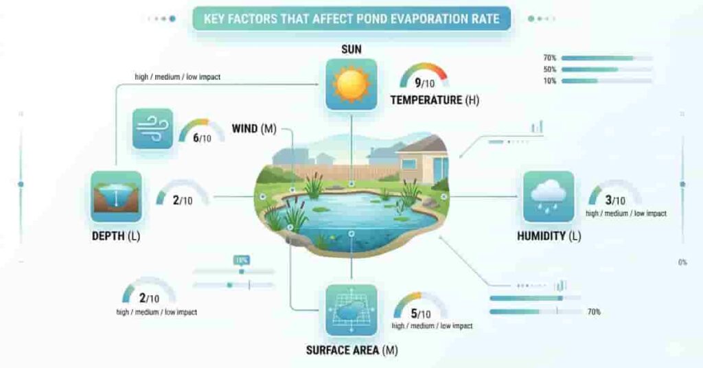 Infographic showing key environmental factors affecting pond water evaporation rate