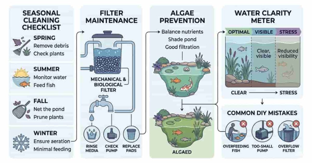 Pond maintenance and troubleshooting infographic showing cleaning, filter care, algae control, and common DIY pond mistakes.