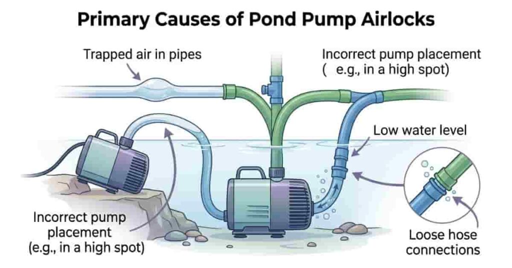 Diagram showing main causes of pond pump airlocks including trapped air, low water, and loose hoses