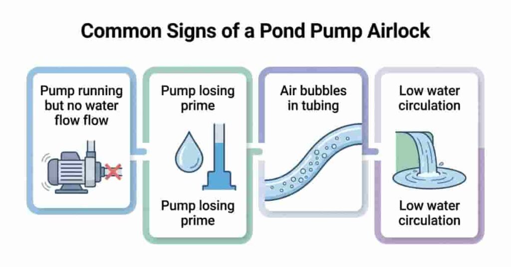 Infographic showing common signs of a pond pump airlock with visual icons for easy identification