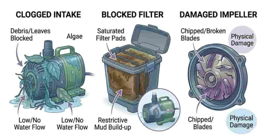 Diagram showing serious pond pump problems including clogged intake, blocked filter, and damaged impeller