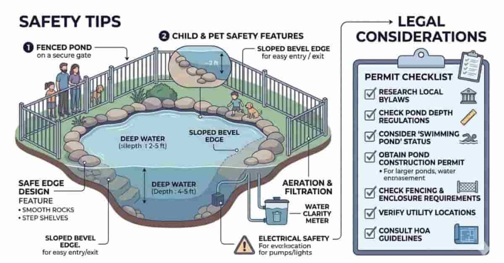 Pond safety infographic showing fencing, child and pet safety, and local permit considerations for DIY pond construction.