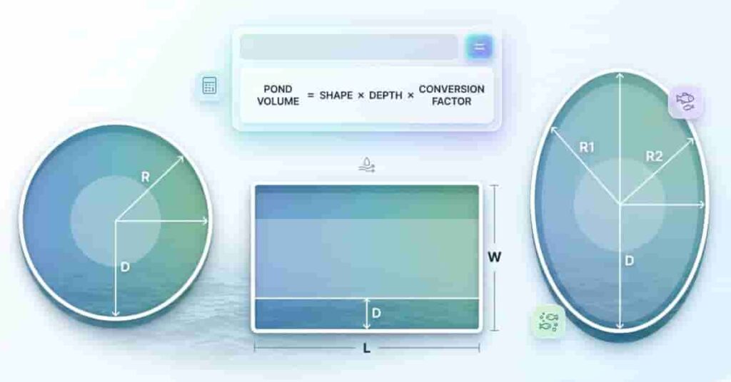 Pond volume calculation featured image showing circular rectangular and oval ponds with measurement indicators and formula dashboard