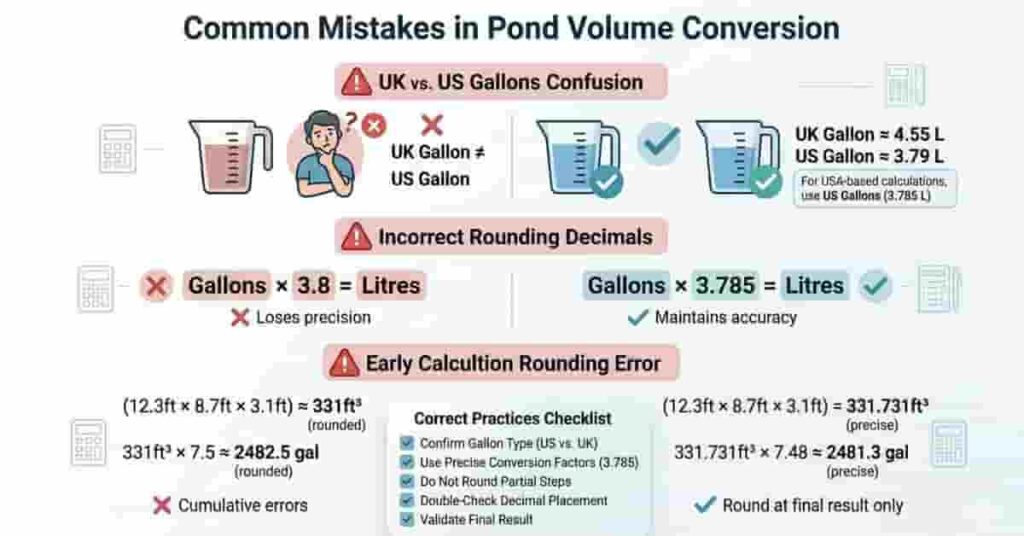 Common mistakes in pond volume conversion including UK vs US gallons and rounding errors explained visually