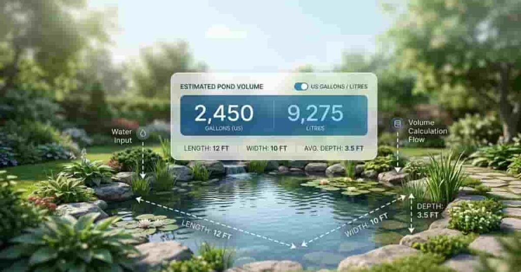 Pond volume calculator interface showing gallons and litres conversion over a modern backyard pond for educational blog header