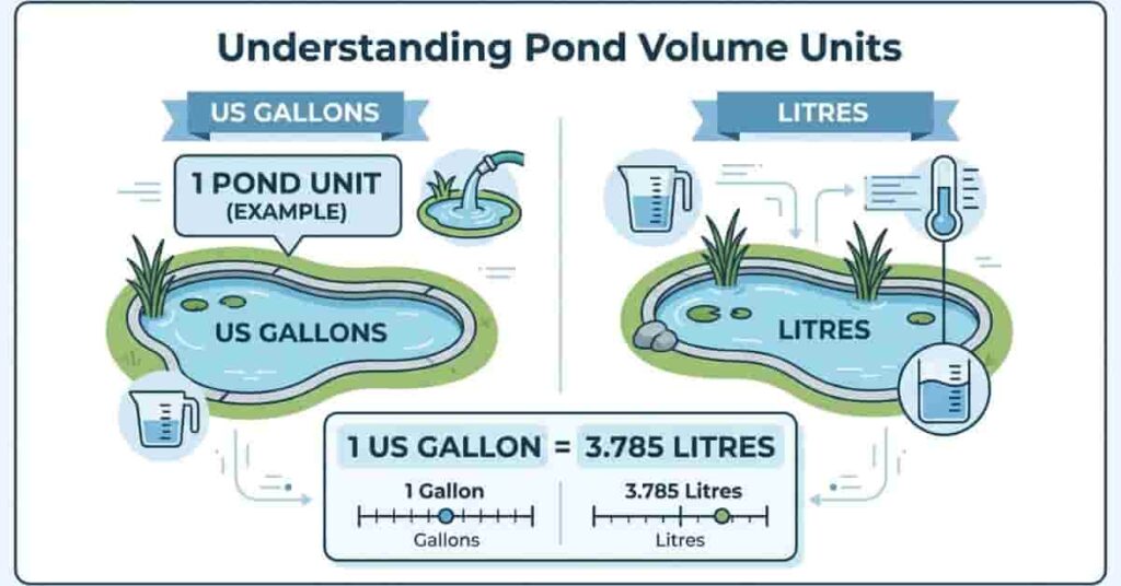 Pond volume in gallons and litres comparison chart explaining US gallon to litre conversion for pond measurement