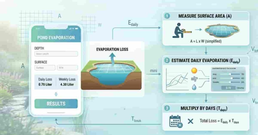 Step-by-step diagram showing how to calculate pond water evaporation rate using simple method