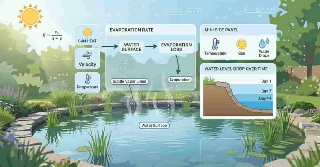 Educational diagram showing pond water evaporation process and its importance in water level reduction