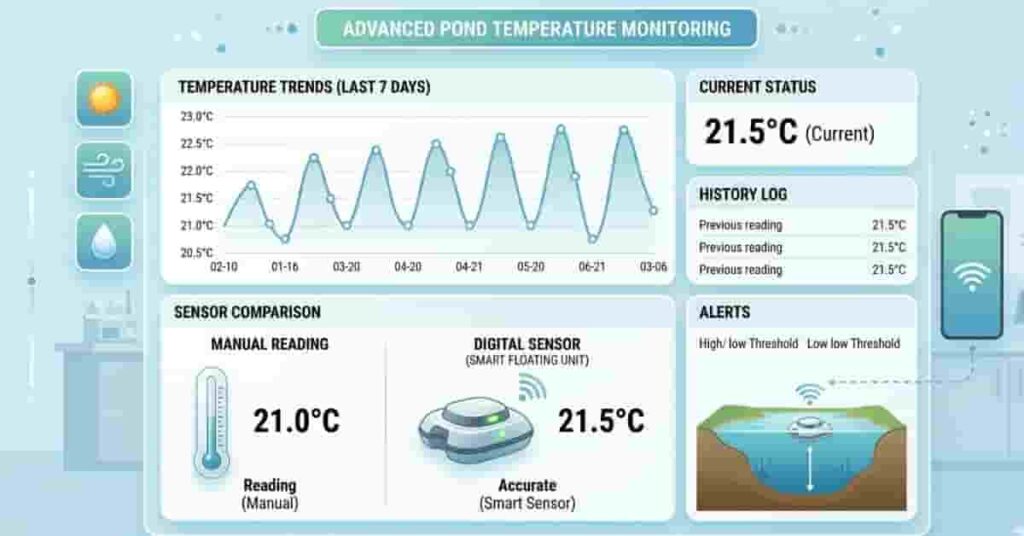 Smart system showing pond water temperature monitoring using thermometer and digital sensors