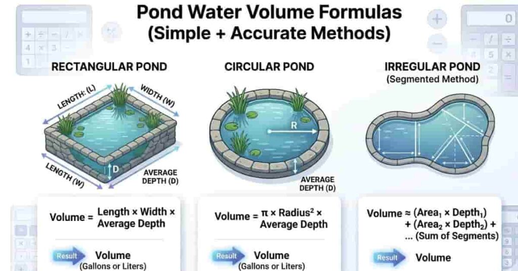 Pond water volume formulas for rectangular, circular, and irregular ponds with calculation methods