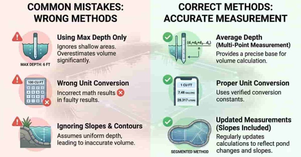 Common mistakes in pond water volume calculation with correct vs incorrect methods comparison infographic
