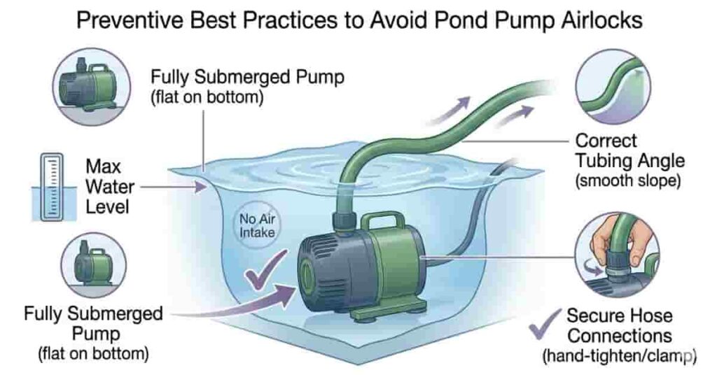 Diagram illustrating how to prevent pond pump airlocks with proper placement, tubing, and secure connections