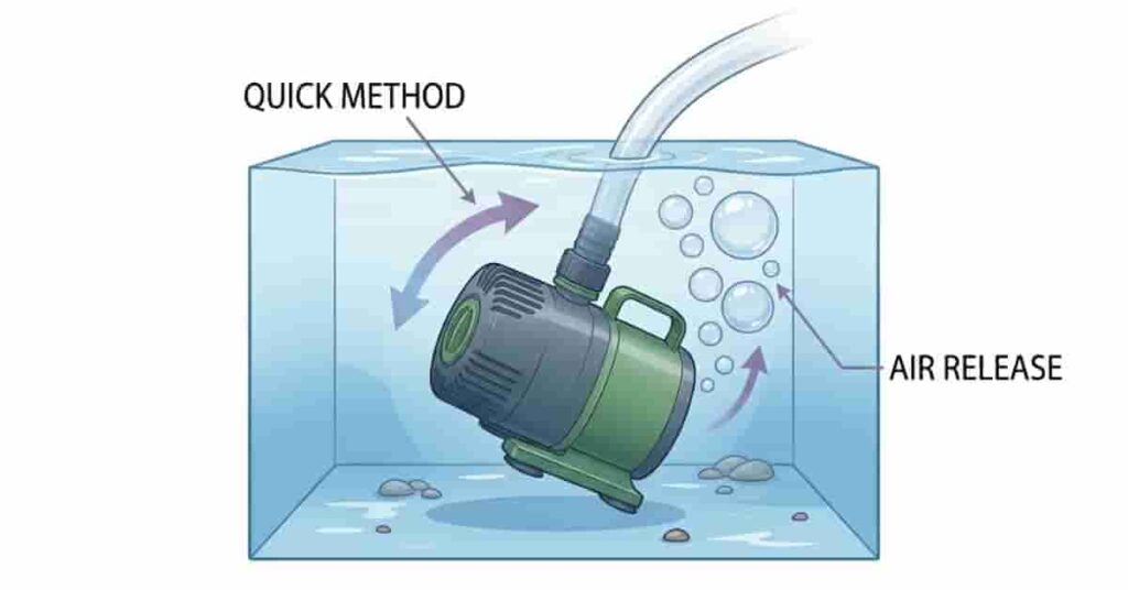 Illustration showing quick method to fix pond pump airlock by lifting and tilting underwater