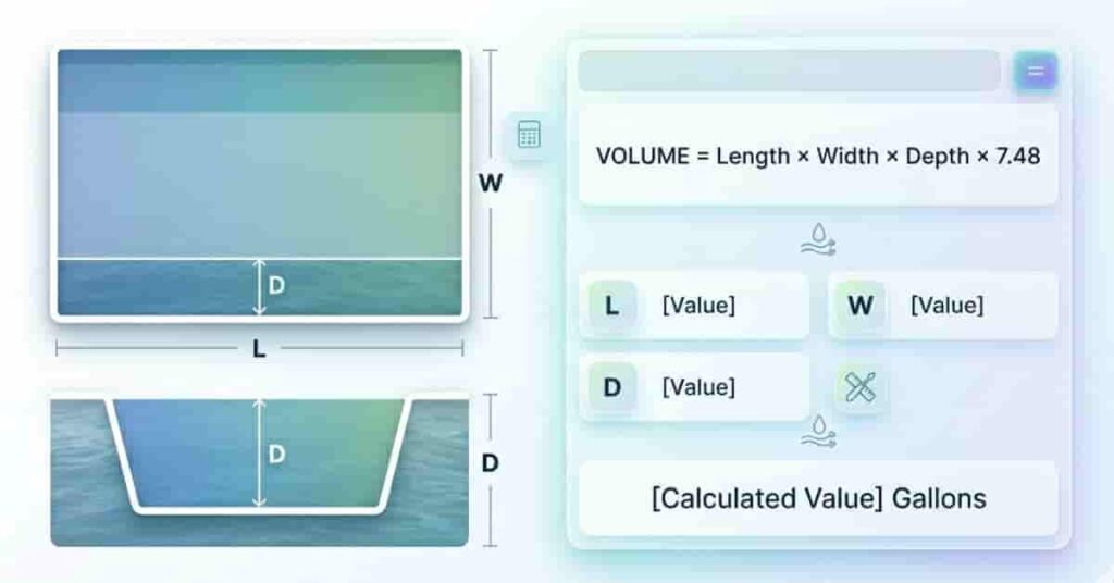 Rectangular pond volume calculator diagram showing length width and depth measurement for gallon calculation