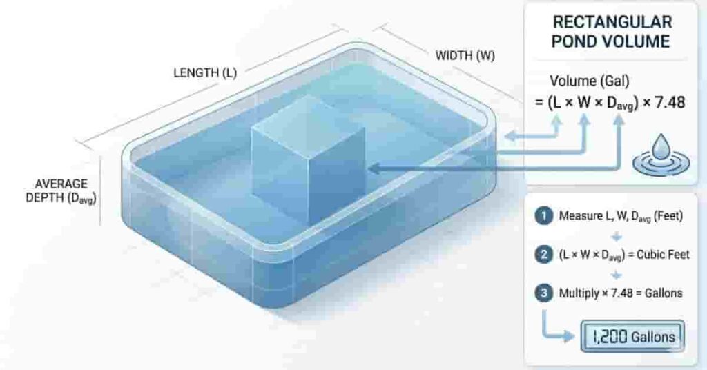 Rectangular pond diagram showing formula for calculating pond volume using length width depth and gallons conversion