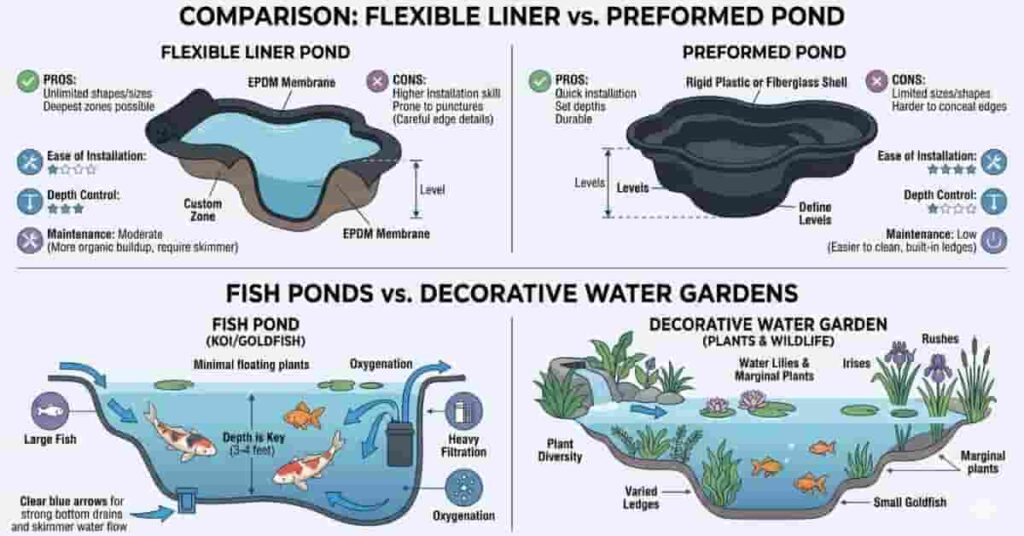 Comparison of flexible liner vs preformed ponds and fish vs decorative garden ponds for backyard setup