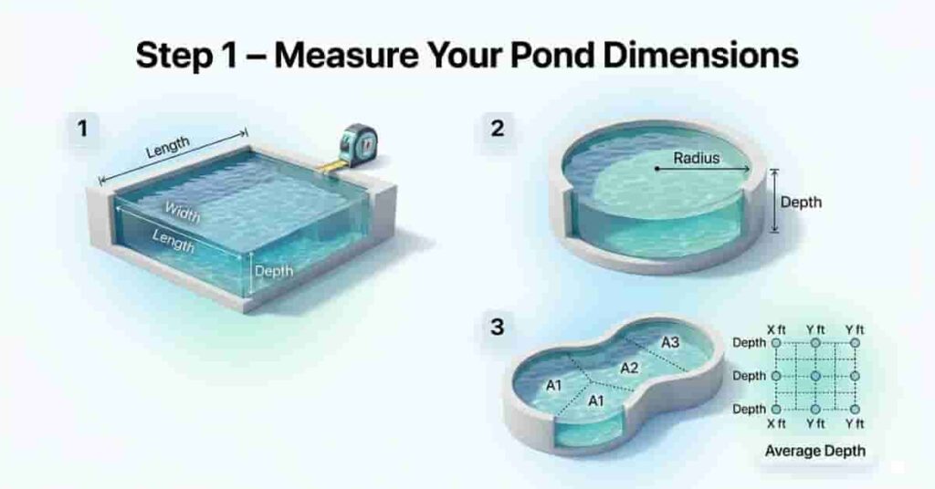 Diagram showing how to measure pond dimensions for calculating pond volume including rectangular, circular, and irregular shapes