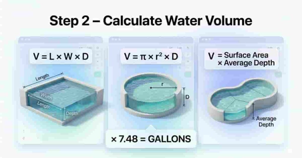 Infographic showing pond volume calculation formulas for rectangular, circular, and irregular ponds with conversion to gallons
