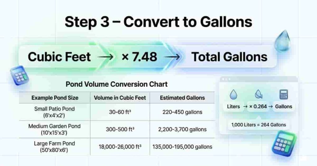 Conversion chart showing how to convert pond volume from cubic feet and liters into gallons