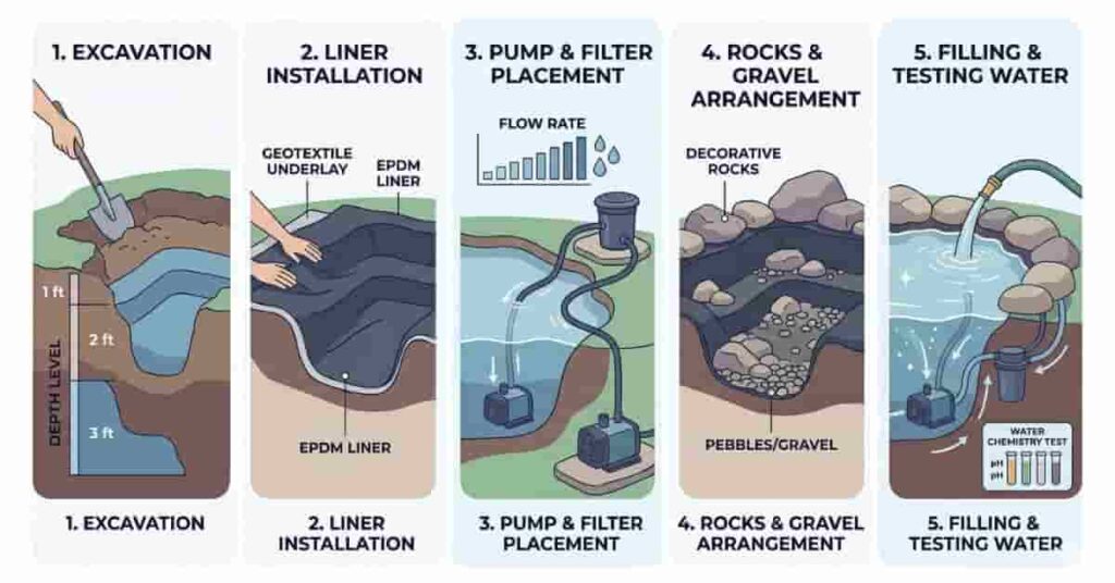 Step-by-step DIY pond construction infographic showing excavation, liner, pump setup, landscaping, and water testing.