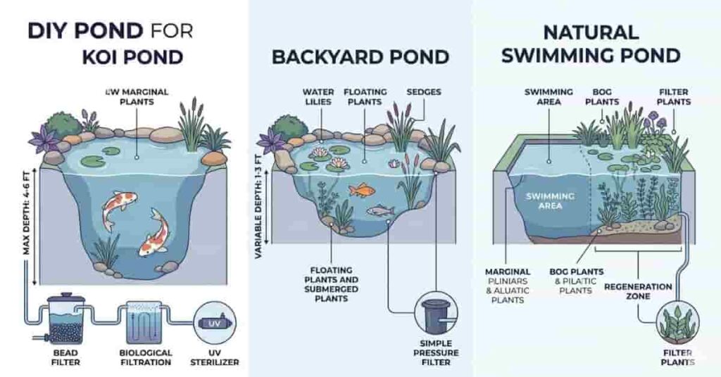 Comparative diagram of koi, backyard, and natural swimming ponds highlighting depth, filtration, and plant zones for pond DIY construction.
