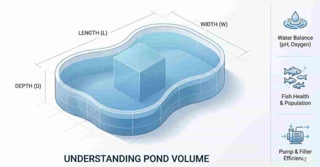 Educational diagram explaining pond volume with labeled length width and depth for calculation