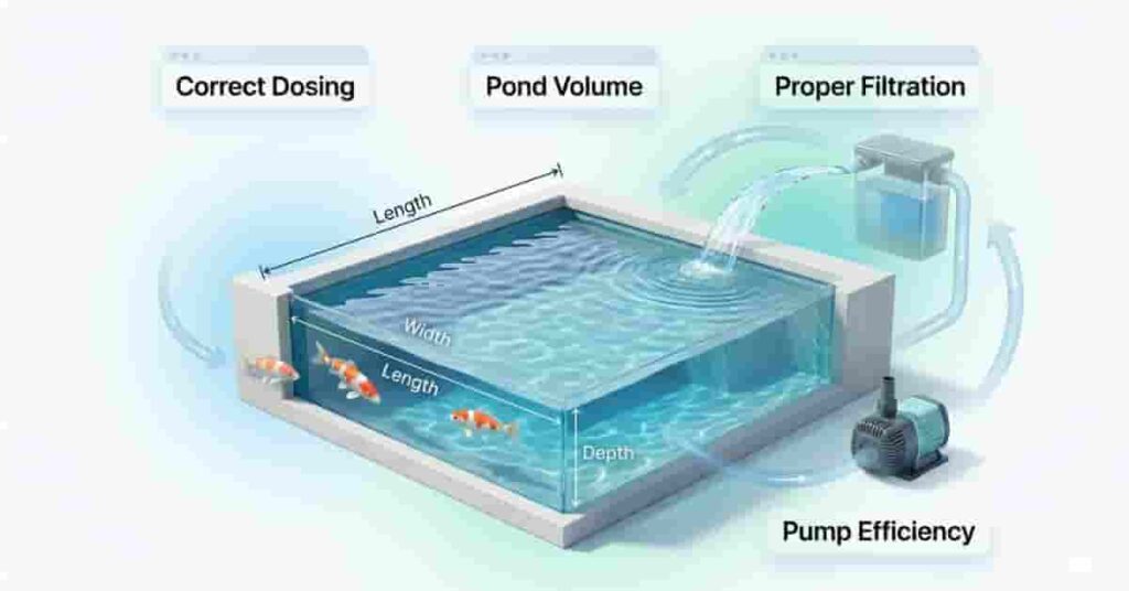 Infographic showing why pond volume matters for fish health, filtration, and pump efficiency in garden ponds
