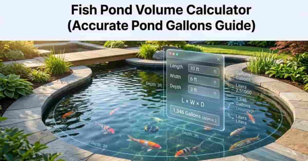 Fish pond volume calculator hero image showing koi pond with digital water volume calculation interface
